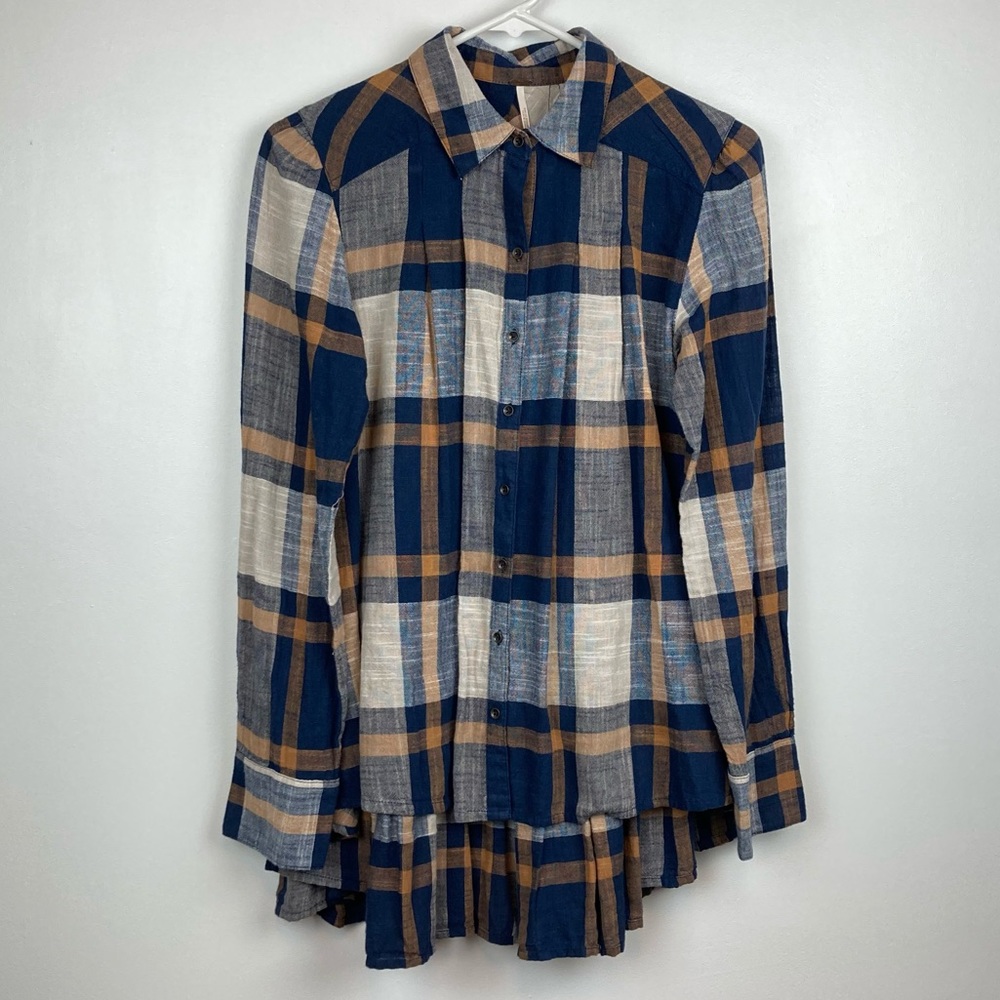 FREE PEOPLE Peppy In Plaid Oversized Button Down Shirt in Blue/Tan - Picture 3 of 12